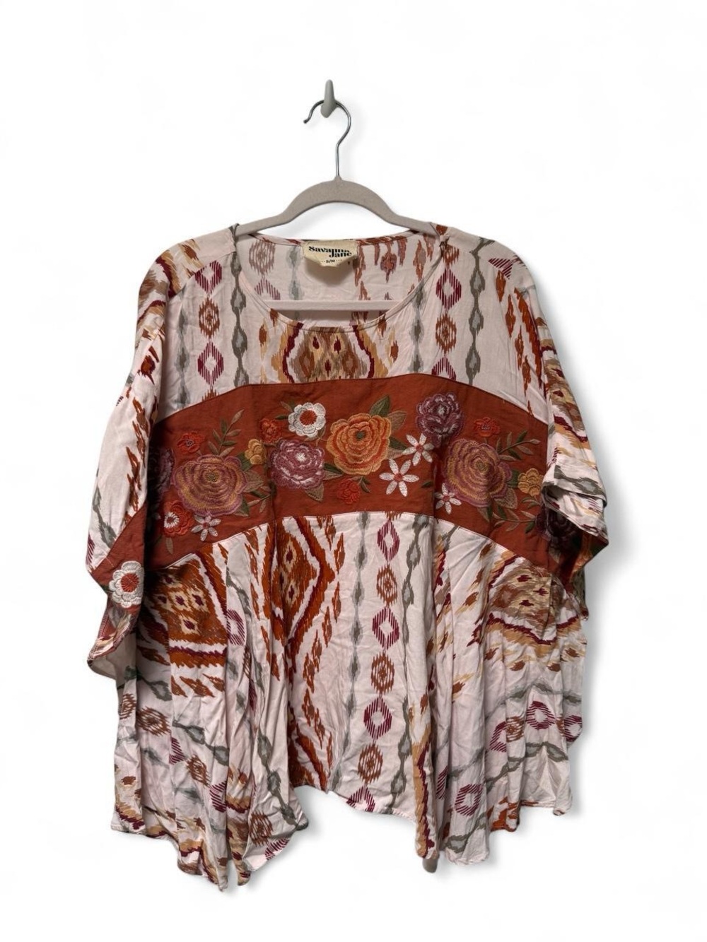 Savanna Jane Western Boho Floral Embroidered Rust & Cream Women's Top